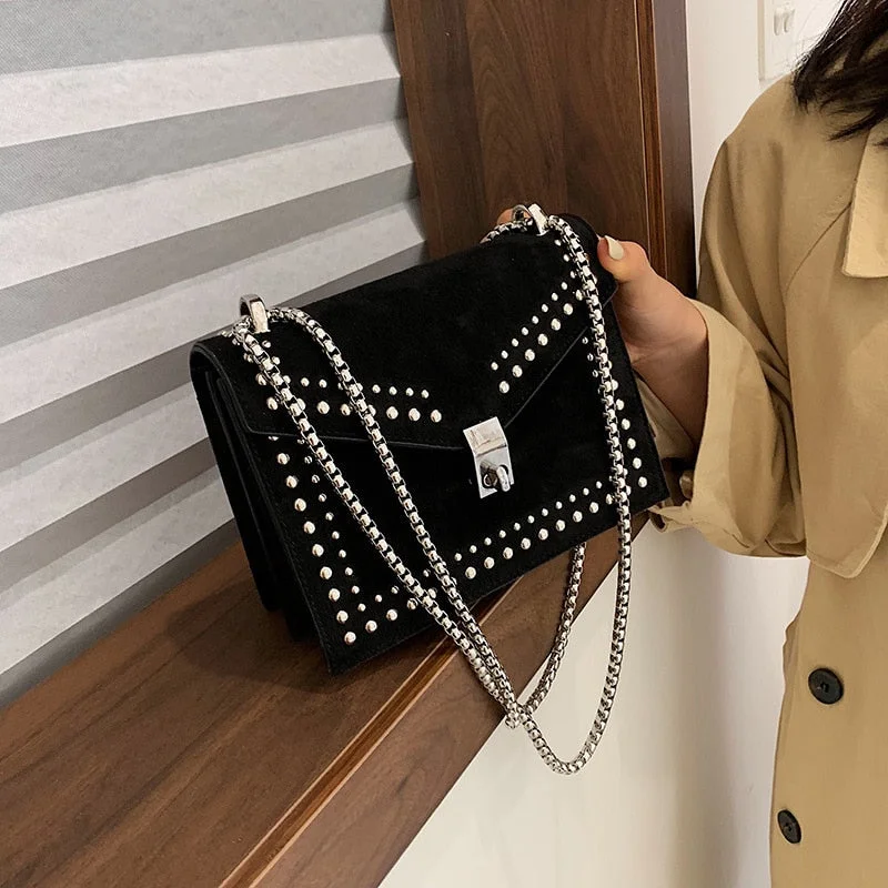 2019 Vintage Leather Crossbody Bags For Women Travel Handbag Chain Fashion Rivet Lock Small Shoulder Messenger Bags Female Flaps