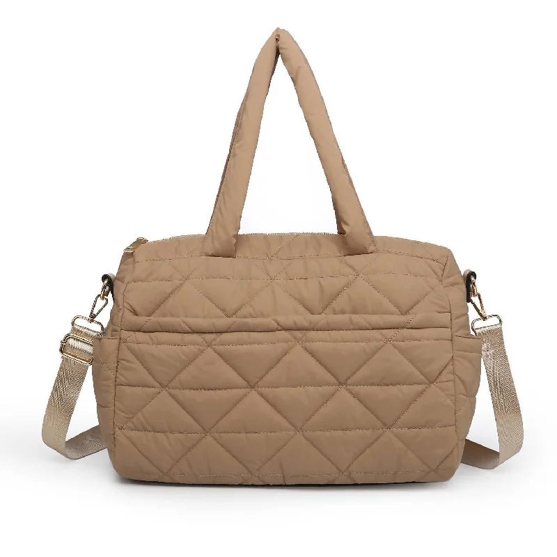 Billie Quilted Nylon Satchel In Taupe