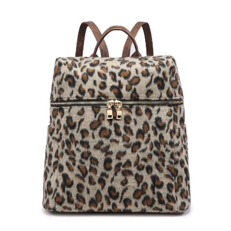 BP1795CHE Soft Cheetah Fur Textured Zipper Top Backpack