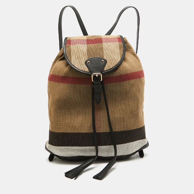 Burberry  Mega Check Canvas And Leather Drawstring Flap Backpack