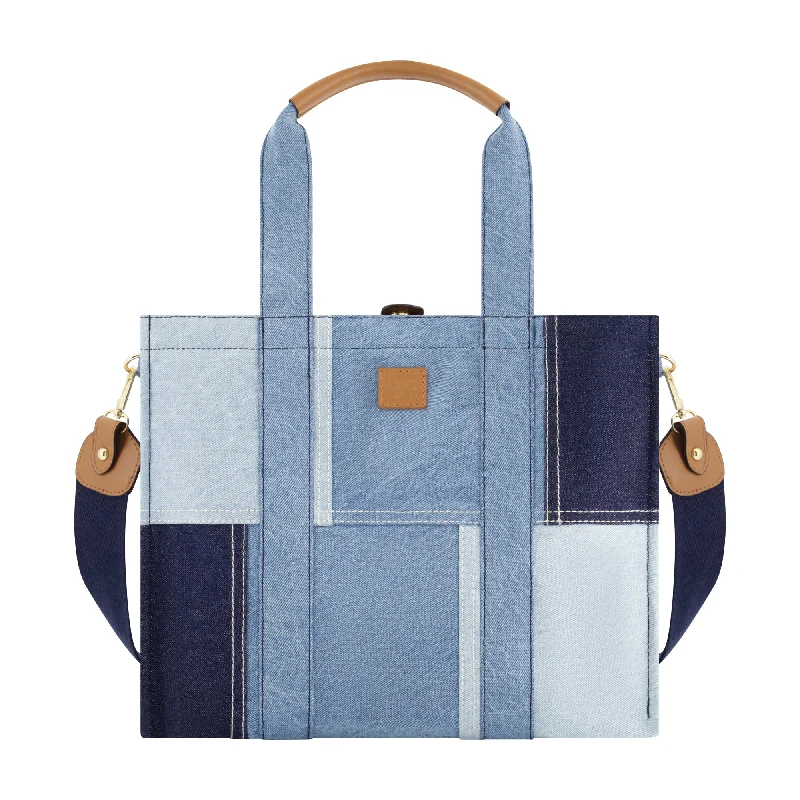 C & C California Medium Denim Patchwork Tote with Pocket