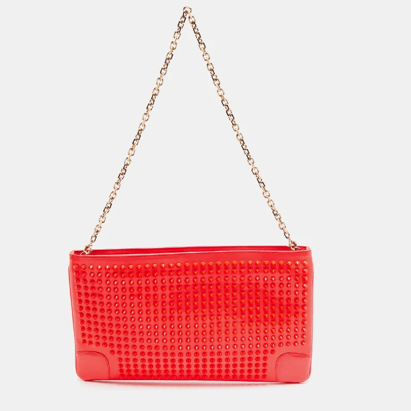 Christian Louboutin Neon Coral Patent Leather Loubiposh Spike Chain Clutch