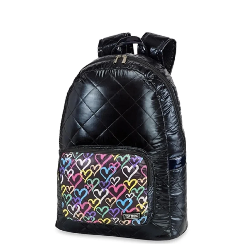 Diamond Stitch Puffer Backpack in Black /Graffiti Heart Pocket