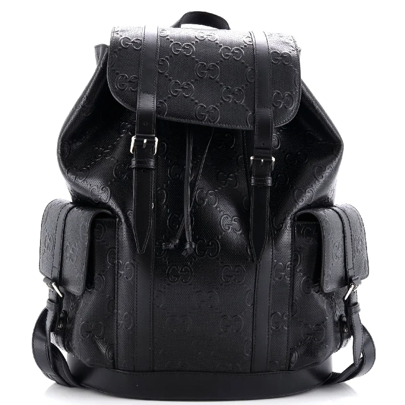 Double Buckle Backpack GG Embossed Perforated Leather Large