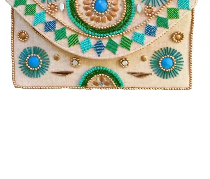 Embellished Beaded Envelope Clutch in Green/Tan