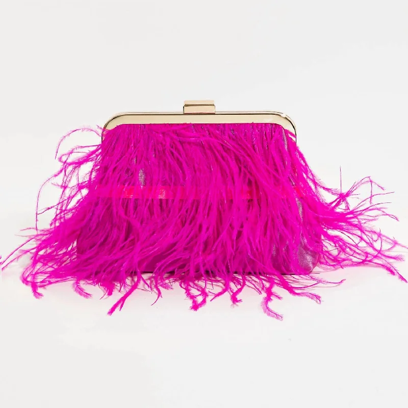 Feather Fringe Clutch In Fucshia