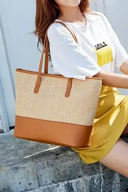 93130 Straw Shopper Tote With Vegan Leather Trim