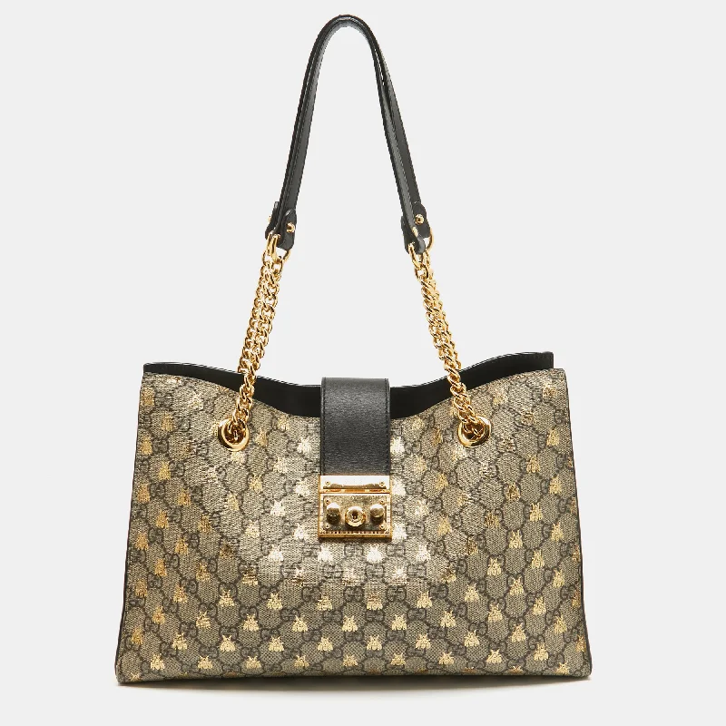 Gucci Black/beige Gg Supreme Canvas And Leather Padlock Bee Tote