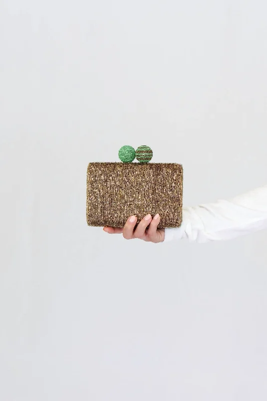 Hand Beaded Cuts And Bead Clutch in Green/Gold