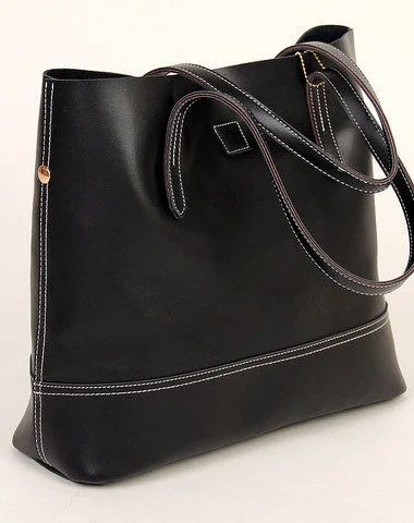 Handmade vintage black leather normal tote bag shoulder bag handbag for women