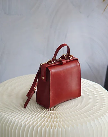 Handmade Womens Stylish Square Red Leather Doctor Handbag Side Purse Doctor Purse for Women