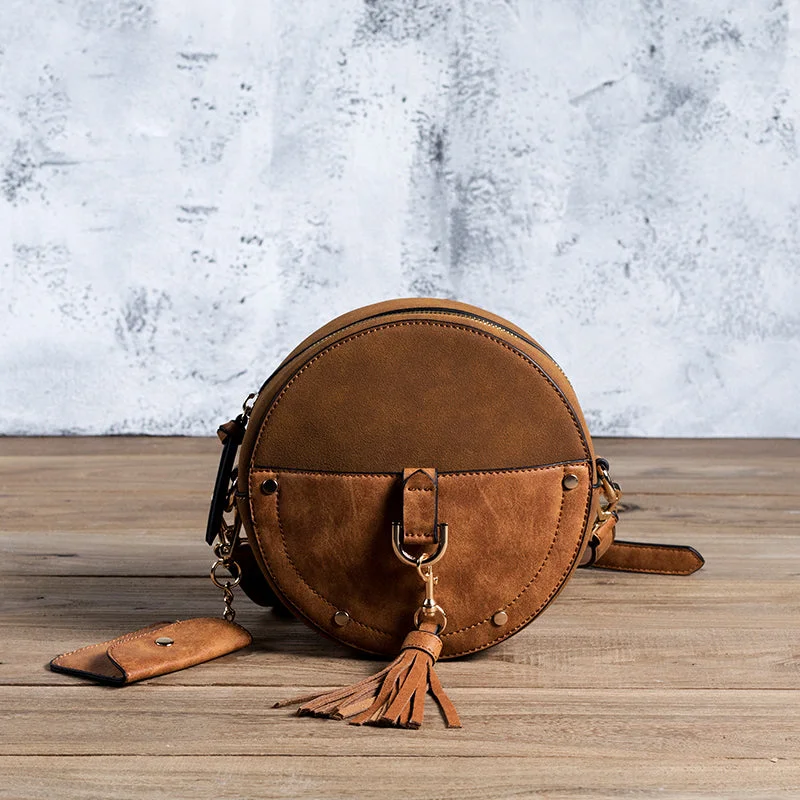 Ladies Vegan Leather Circle Bag Fringe Crossbody Boho Bag For Women