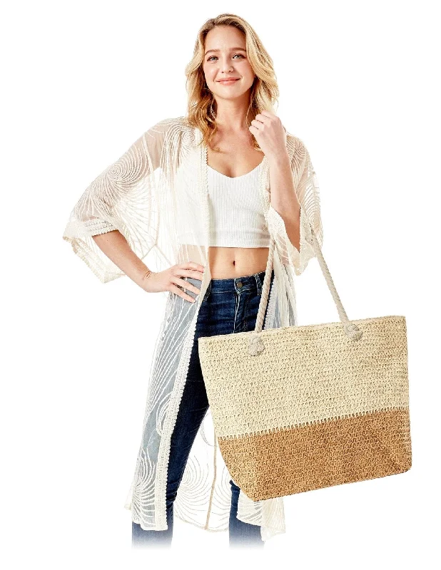 LOA376 Two Tone Beige Straw Beach Tote