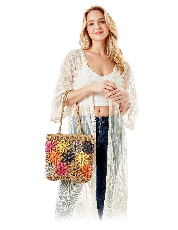 LOA377 Spring Flowers Crochet Straw Tote