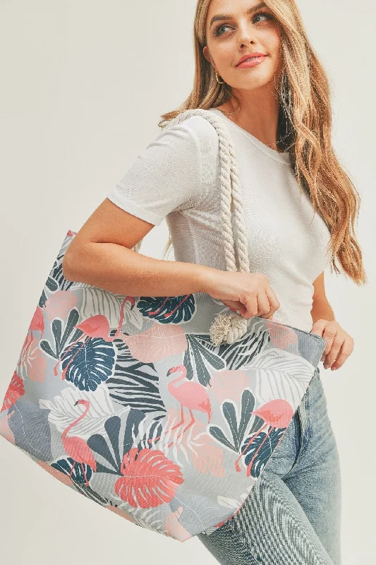 MB0172 Flamingo Tropical Leaves Tote Bag