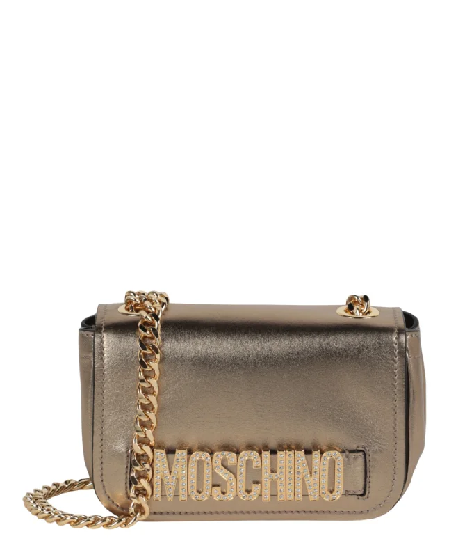 Metallic Leather Crystal-Embellished Logo Crossbody Bag