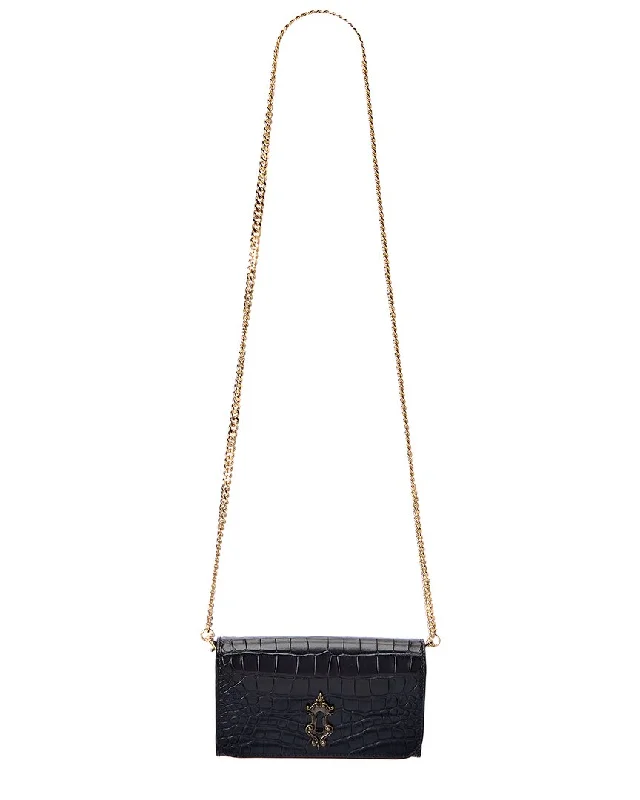 Moschino Logo Croc-Embossed Leather Shoulder Bag