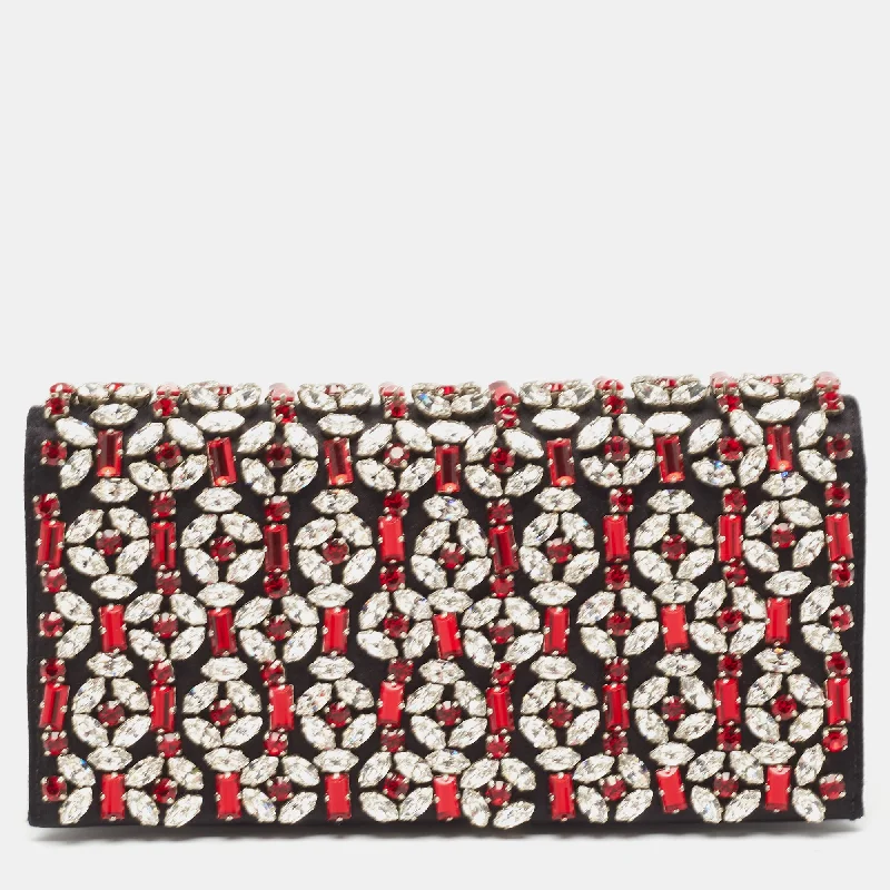 Prada /red Satin Crystals Embellished Flap Clutch