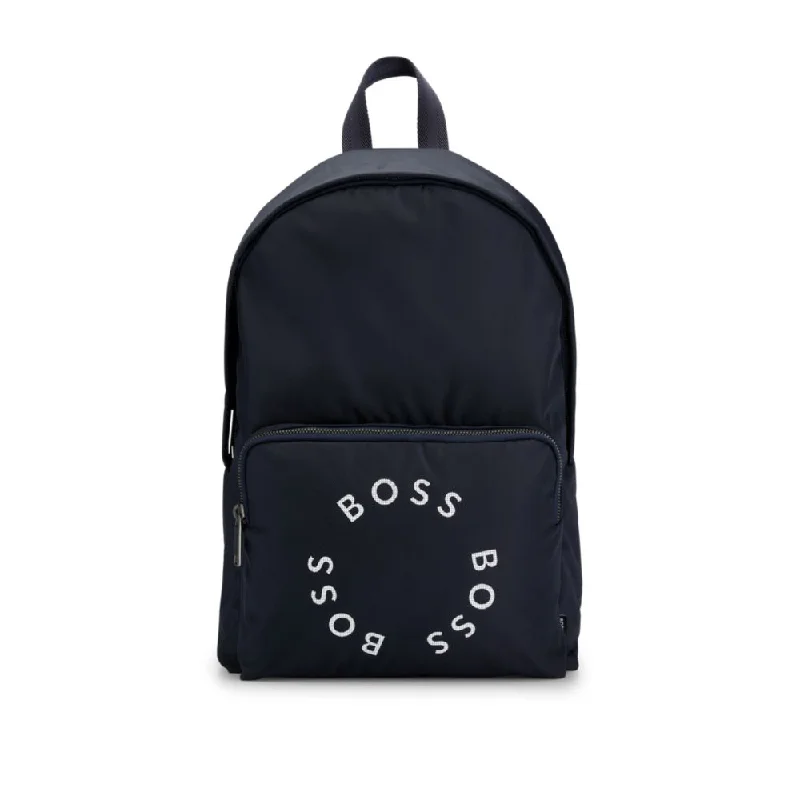 Recycled-material backpack with circular logos and top handle