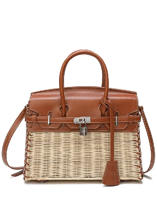 Tiffany & Fred Smooth Leather & Straw Top Handle Satchel