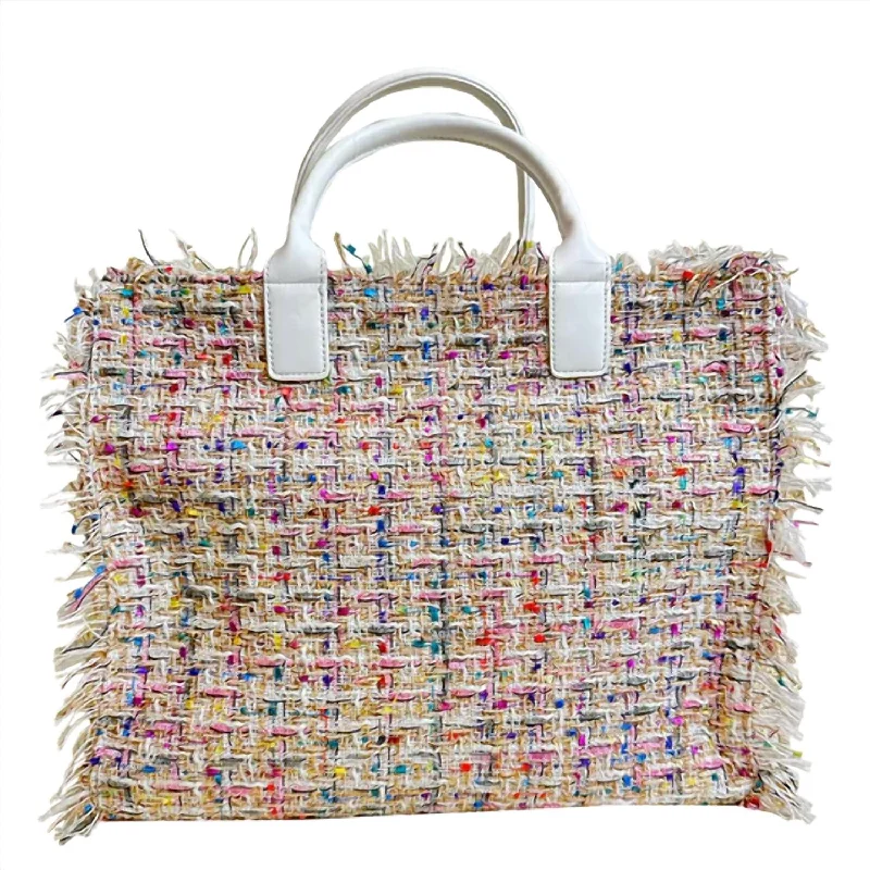 Tori Spring Fringe Tweed Tote Bag In White