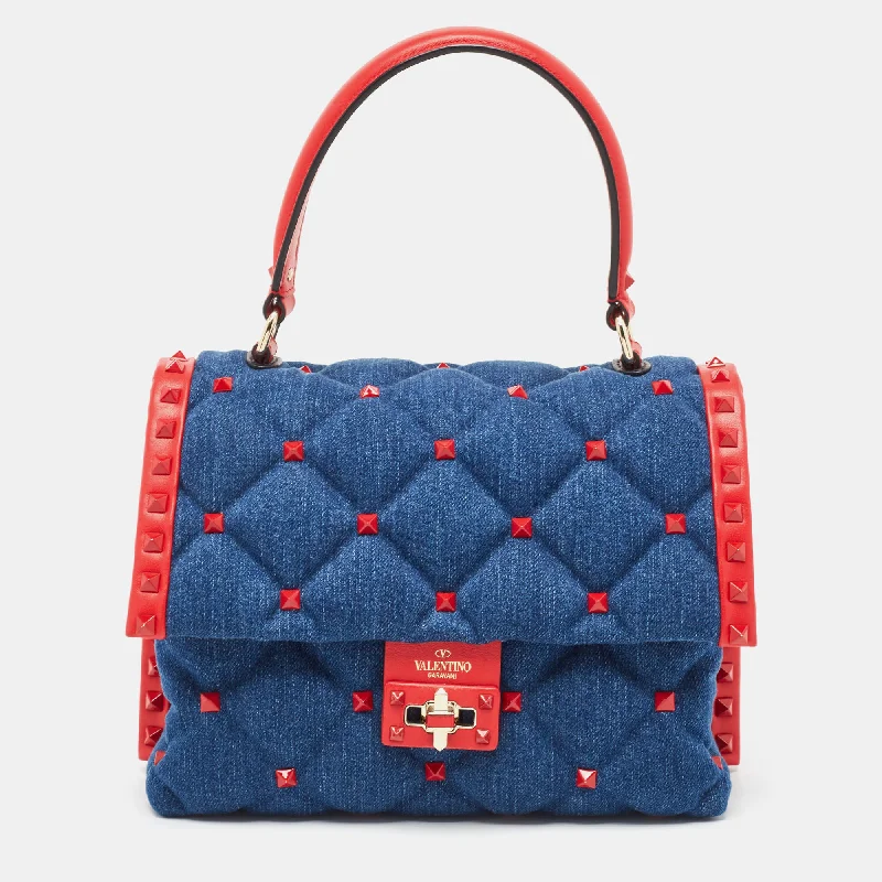 Valentino /red Denim And Leather Candystud Top Handle Bag