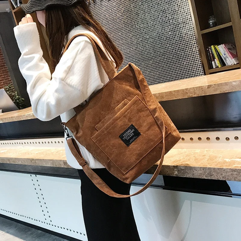 Women Corduroy Zipper Shoulder Bag Cotton Canvas Handbag Casual Tote Female Eco Crossbody Bag Ladies Vintage Messenger Bags