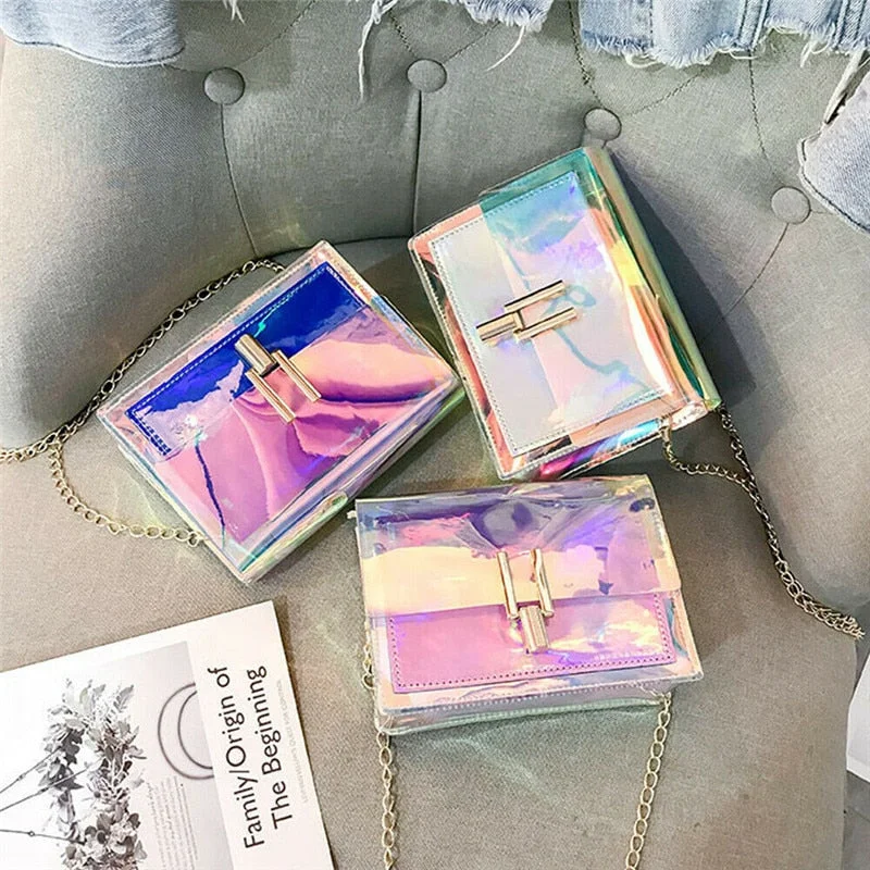 Women Crossbody Messenger Shoulder Bag PU Plastic Transparent Outer Small Beach Hasp Buckle Tote Chain Handbag Purse Laser Purse