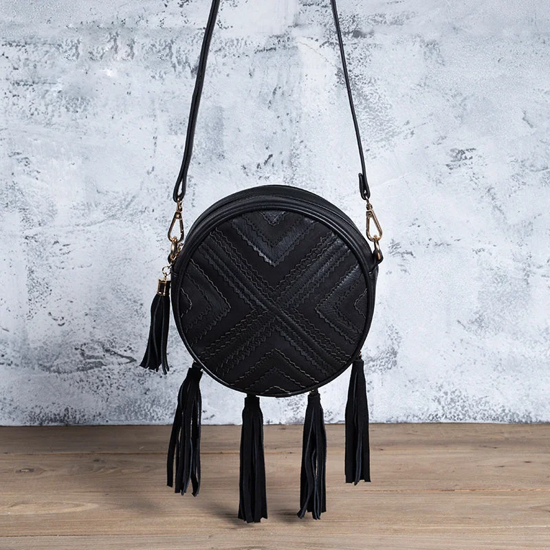 Women's Vegan Leather Round Crossbody Boho Bag With Fringe Cross Shoulder Bag For Women